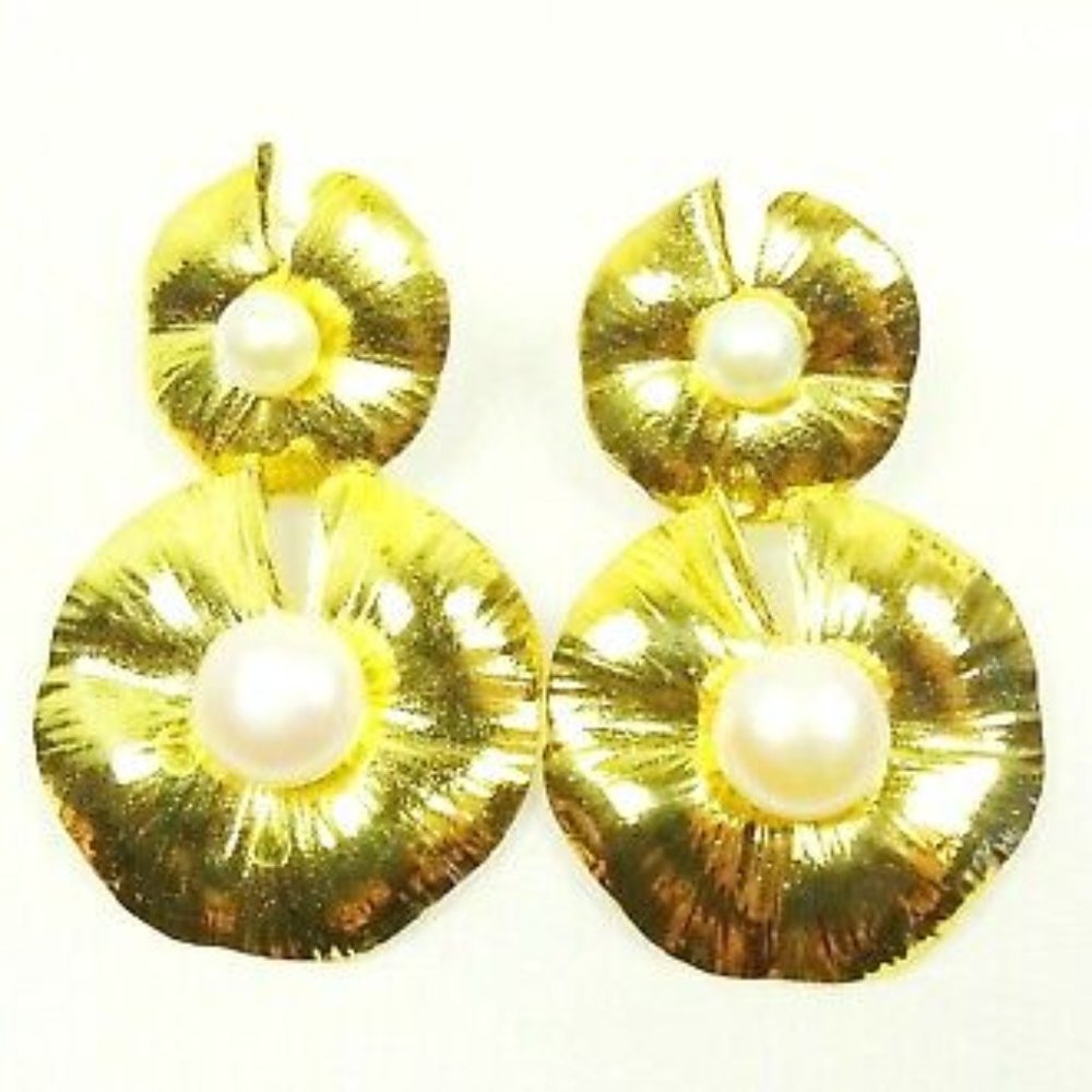 ADAMI & MARTUCCI Sterling Silver Gold Plated FW Pearls Lily Pad Earrings